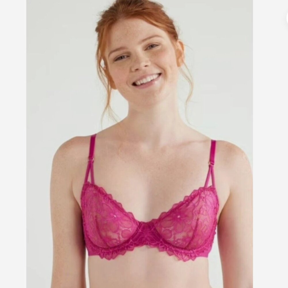 New Joyspun Women Unlined Lace Underwire Balconette Bra Magenta 34D